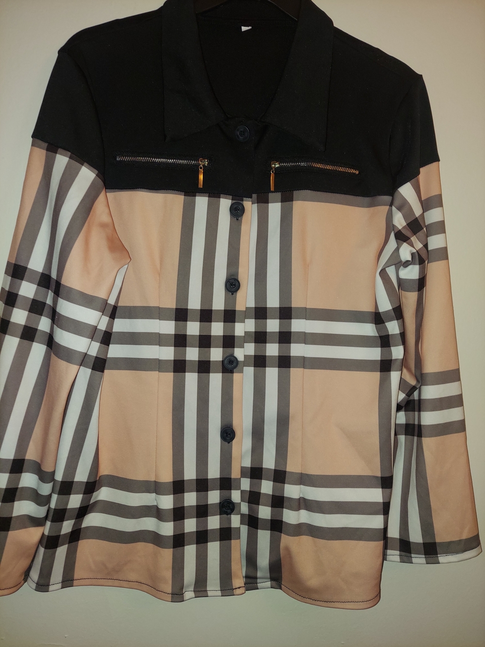 Beige Plaid Button-Down Shirt with Black Yoke and Gold Zips